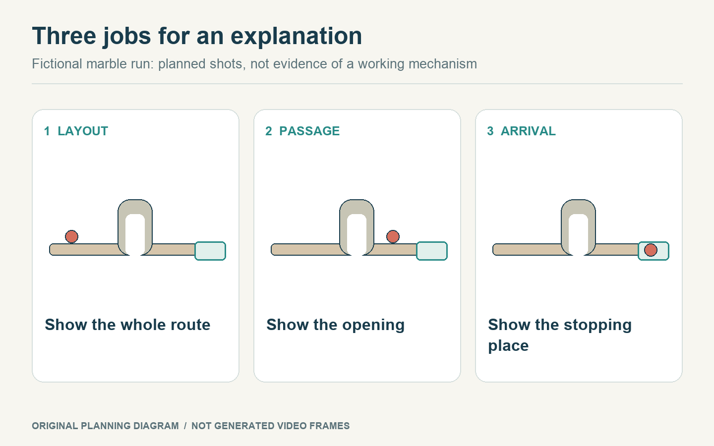 Three planned marble-run views show one red bead before an arch, beyond it and inside the final teal tray.