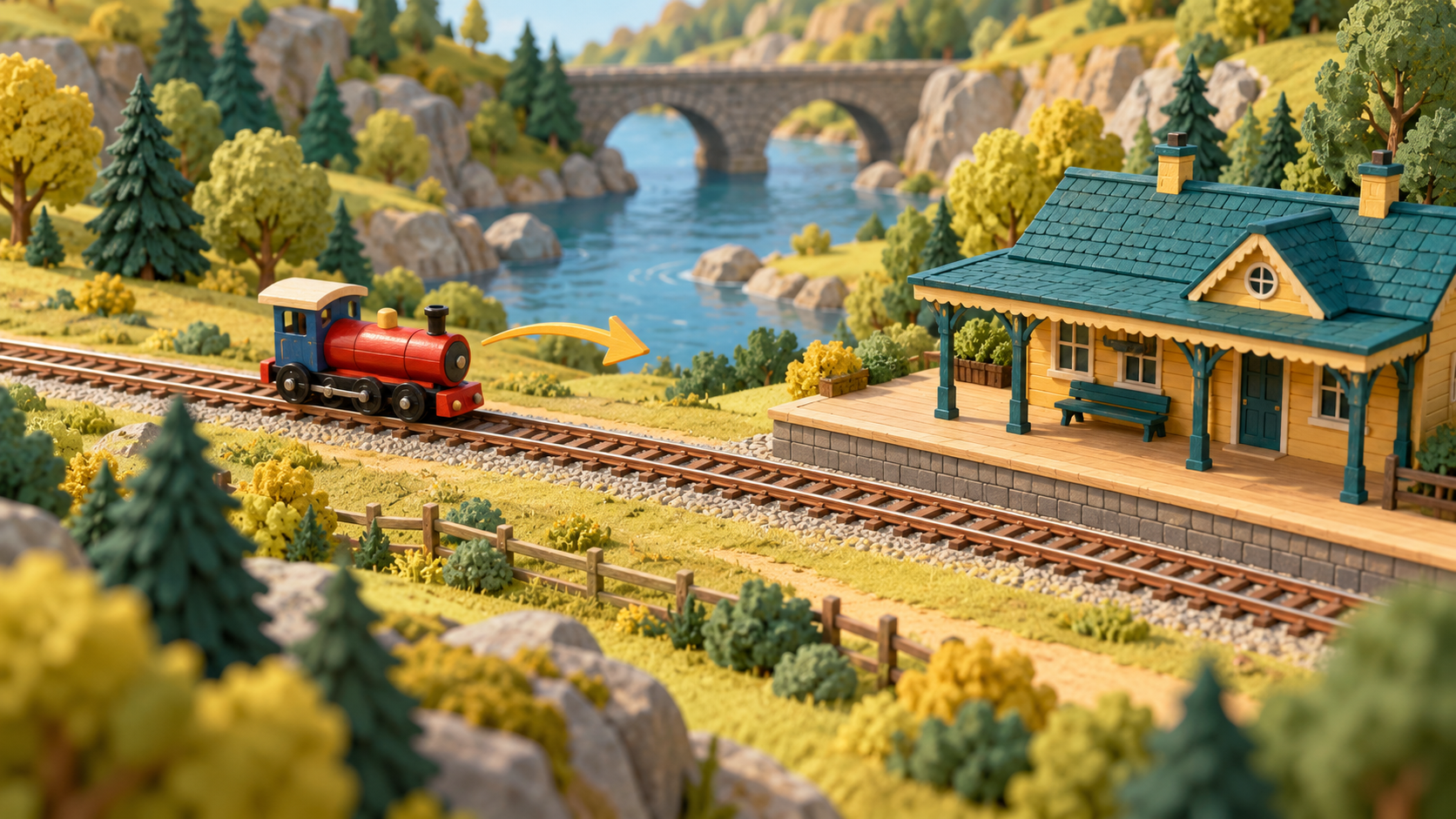 A red toy locomotive with a blue cab approaches a yellow station in a miniature landscape, with a separate amber arrow pointing toward the platform.