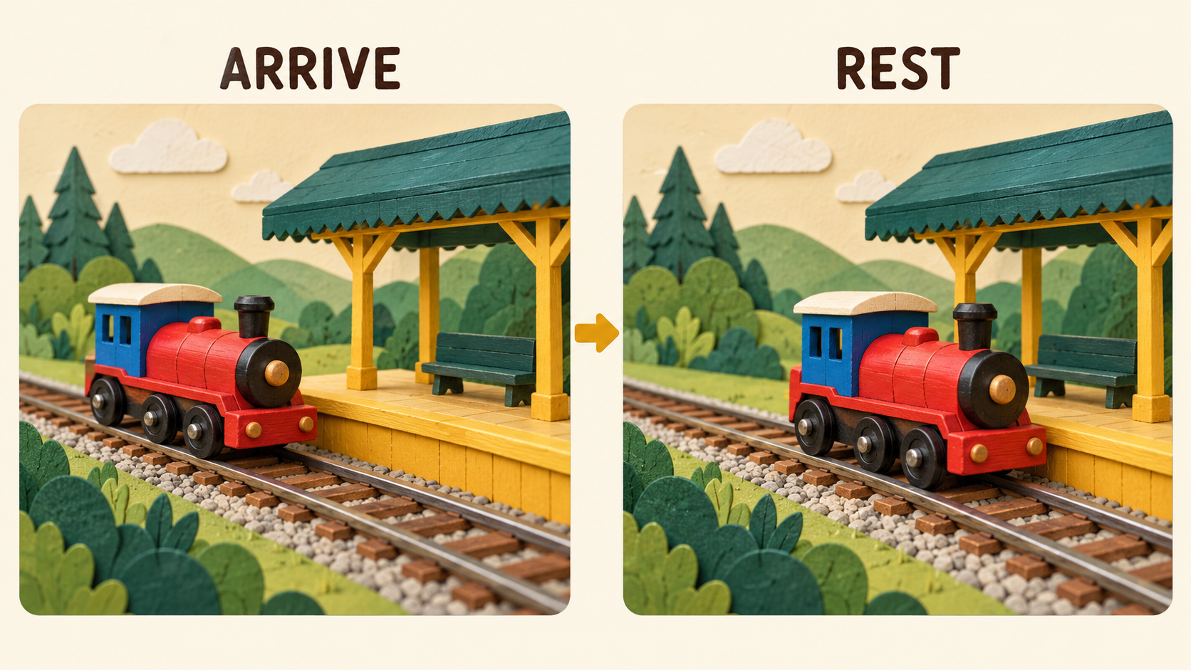 Two planned views labeled ARRIVE and REST show a red toy locomotive reaching the yellow platform and then remaining beside it.