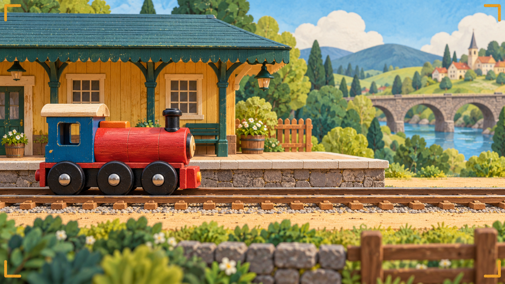 A whole red-and-blue toy locomotive faces right beside the station, with clear track ahead and amber composition corner marks.